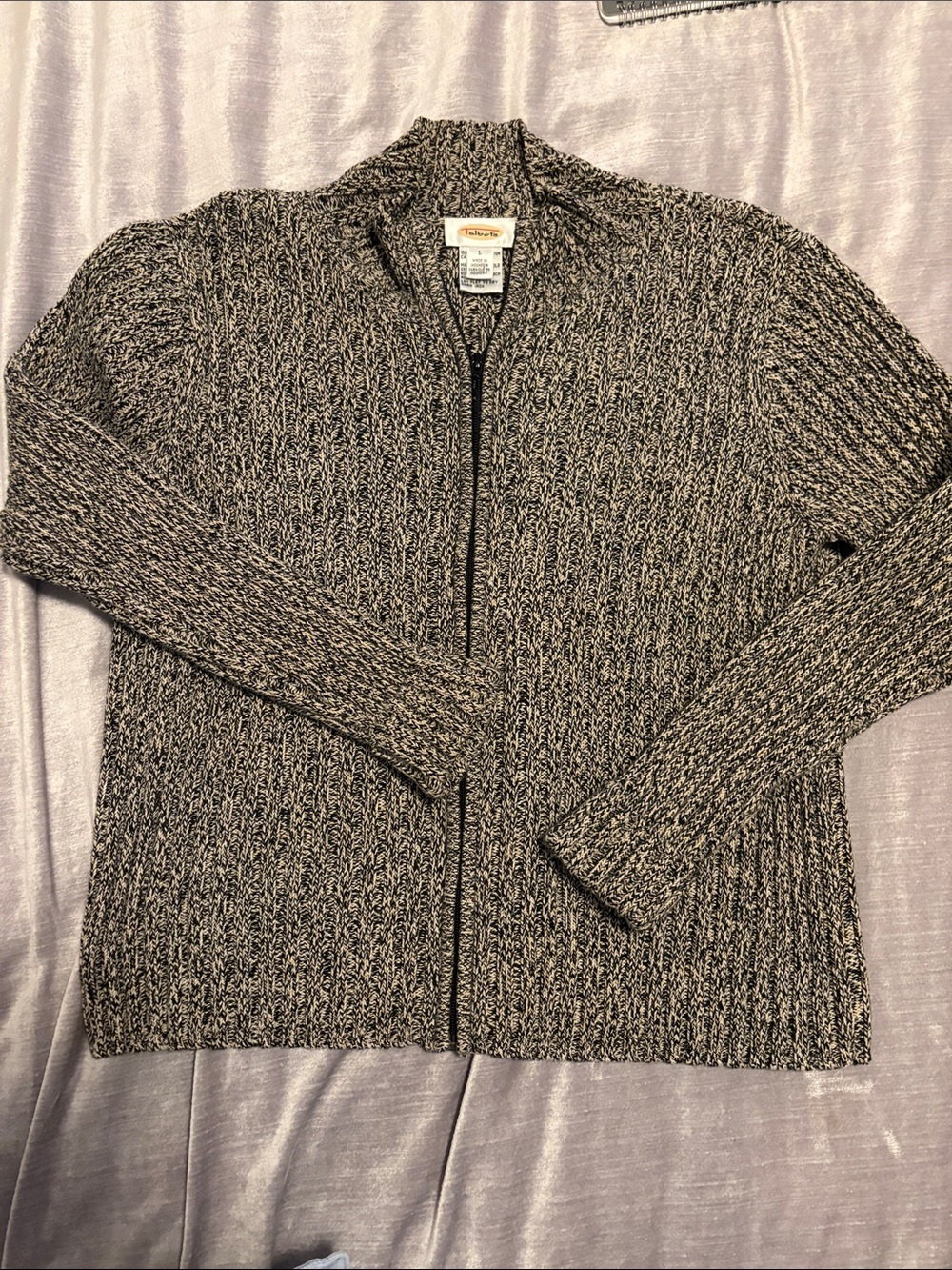 Talbots Marled Brown Zip-Front Cable Knit Cardigan Sweater